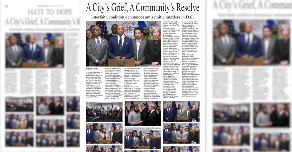 In a powerful display of solidarity, Mayor Eric Adams joined religious and civic leaders from across New York City on Friday to condemn the killing of two Israeli Embassy workers in Washington, D.C., in what authorities have labeled an antisemitic attack.